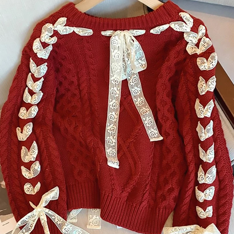

Милый стильный свитер красного цвета, женский бант, кружевной галстук, декоративные повседневные вязаные топы, женский модный пуловер с круглым вырезом и длинными рукавами