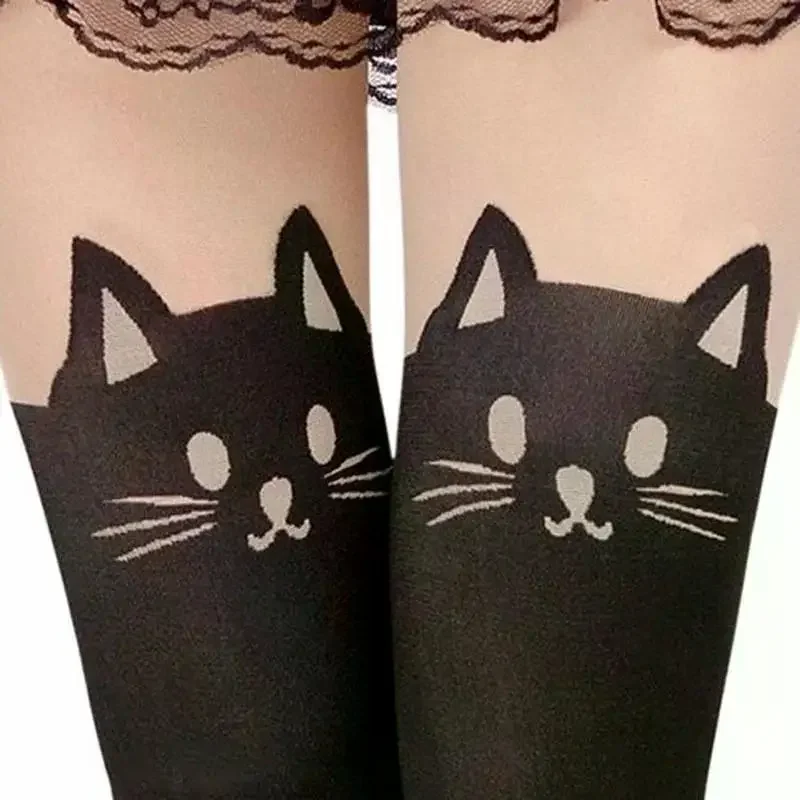 Women's Cute Black Cat Printed Silk Knee Socks Casual Thigh Cotton Warm High Over Knee Socks Cute Romantic Socks Woman Cat