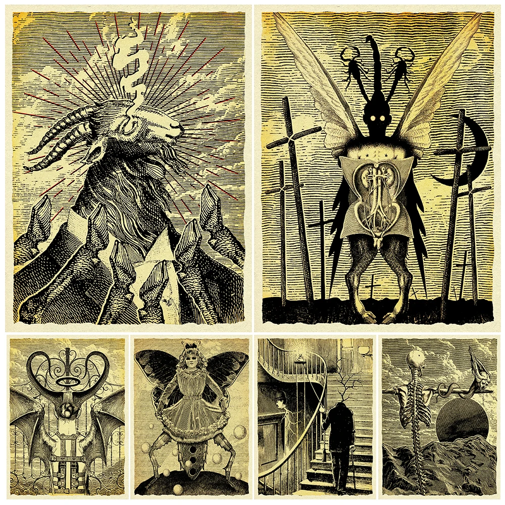 Pencil Drawing Of Strange Demonic Creature,Vintage Wall Art Canvas Painting,Pagan Witchcraft Fantasy Art Poster Print Decoration