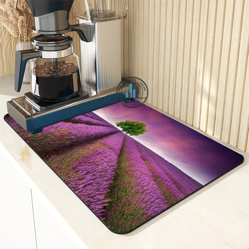 Lavender Printed Coffee Dining Table Placemat Absorbent Tableware Mat Dish Drying Mat Drain Pad Kitchen Decoration & Accessories