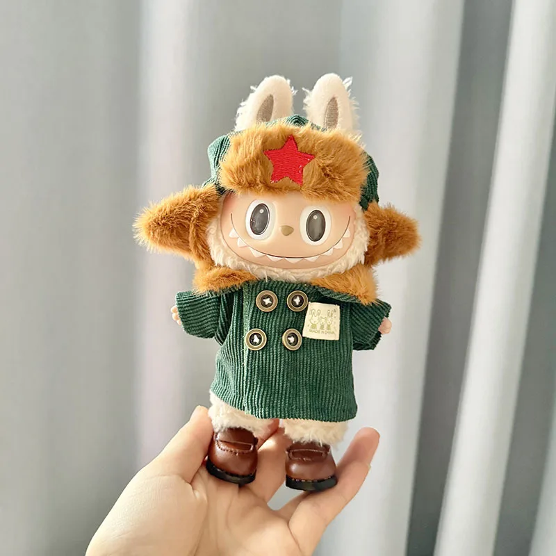 17cm Plush Doll's Clothes The Monster Labubu Outfit Accessories Clothing DIY Lei Feng Army Green Coat Red Star Hat YD02E