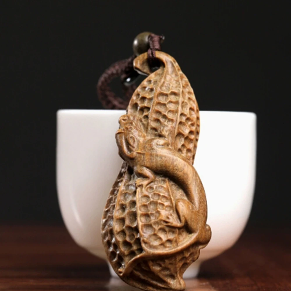 2.7 INCH Green Sandalwood Hand Carved Netsuke Sculpture Miniature - Baby Dragon on Peanut