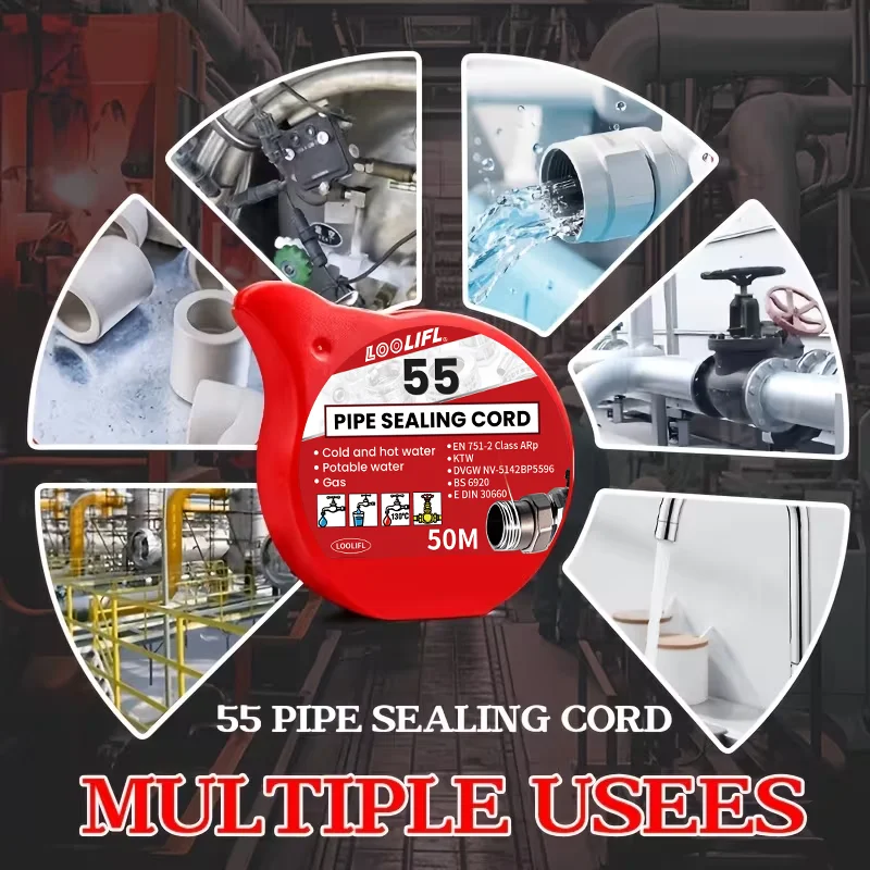 LOOLIFL55 Pipe Sealing Cord 50M,Thread Seal Tape for Gas Water Potable Water Hot Cold Water Plumbing Pipe Fitting Sealant with