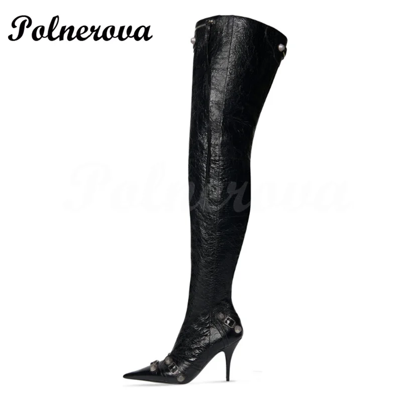 Rivet Pin Buckle Pointed Toe Over-The-Knee Boots Fpr Women Stiletto Super High Heel Side Zipper Large Size High Heels Booties