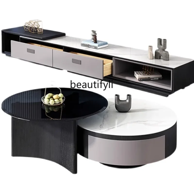 

Light luxury rock slab coffee table TV cabinet combination retractable modern simple small apartment living room