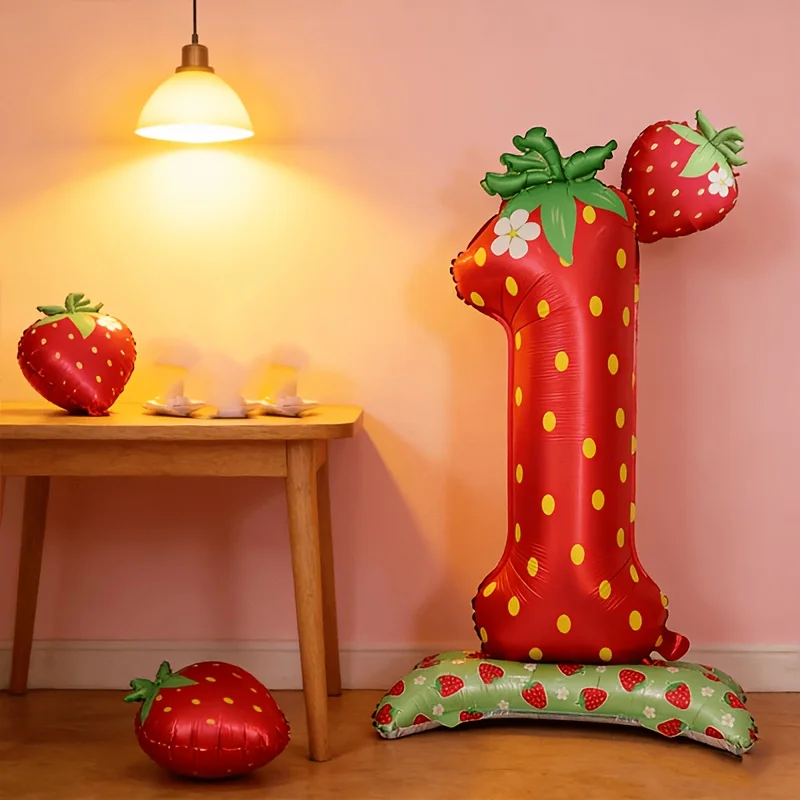 2 Stück Rote und Rosa Erdbeer-Zahlenballons Nummer 1 für Baby-Erdbeer-Erstgeburtstagsfeier, Erstgeburtstags-Dekorationsartikel – Detail 2