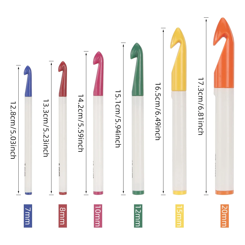 6-częściowy zestaw ogromnych plastikowych haczyków do szydełkowania (7 do 20 mm), kolorowe igły do swetrów, przędza do grubej przędzy, łatwe w