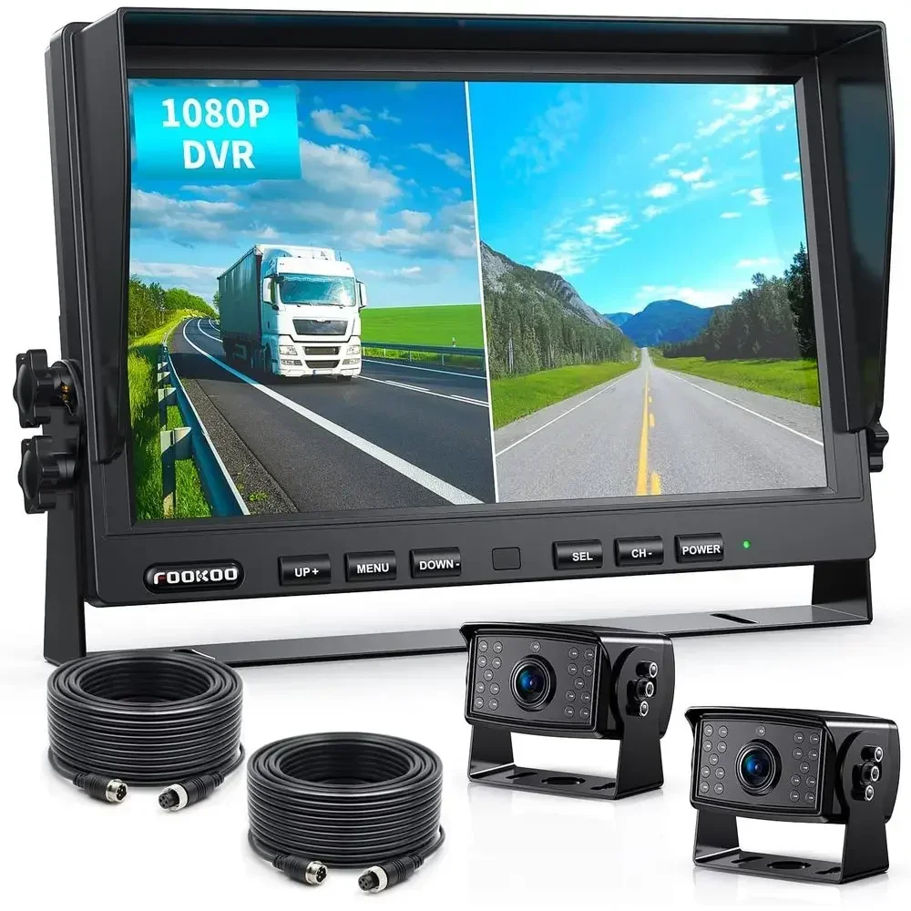 Ⅱ HD Wired Backup Camera System Kit,10 inch Dual Split Screen Monitor with Recording IP69 Waterproof Front View Rear View Camera