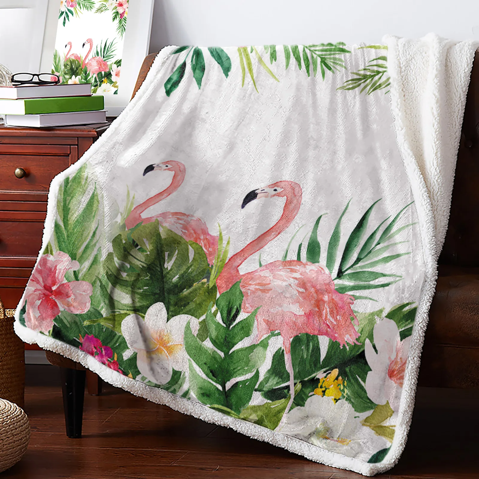 

Flamingo Turtle Plant Flower Watercolor Winter Warm Cashmere Blanket for Bed Wool Throw Blankets for Office Bedspread