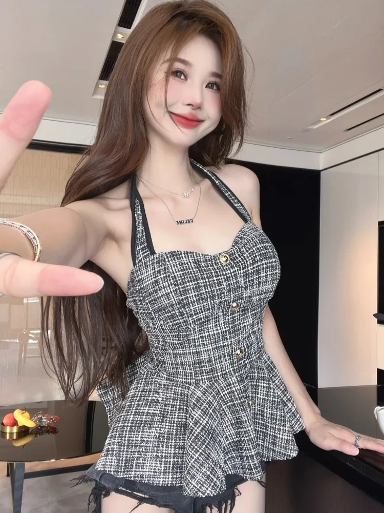 

Sexy Summer Crop Top Women's Sleeveless Vest Retro Neck Hanging Strap Slimming Waist Enhanced Cool And Spicy Girl Outfit