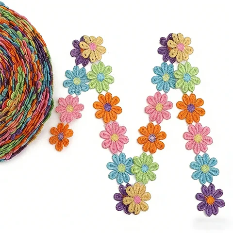 Daisy Flower Lace Trim Embroidered DIY Handmade Patchwork Ribbon Sewing Supplies Crafts 2.5CM Wide 1.5Yards Colorful