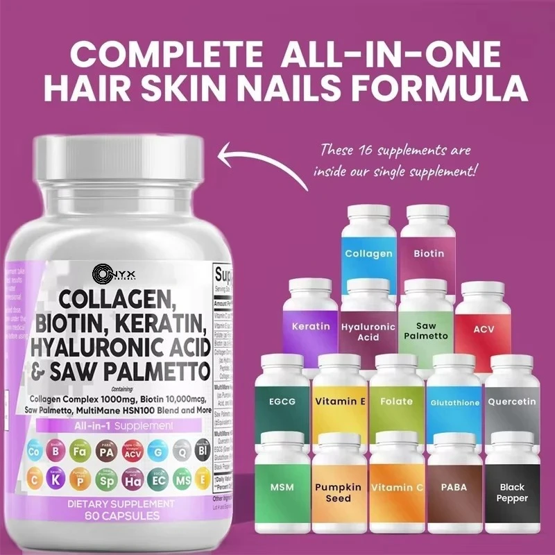 

Collagen capsules,biotin containing keratin,sawdust,hyaluronic acid, folate,vitamin E,and other vitamins for hair,skin,and nails