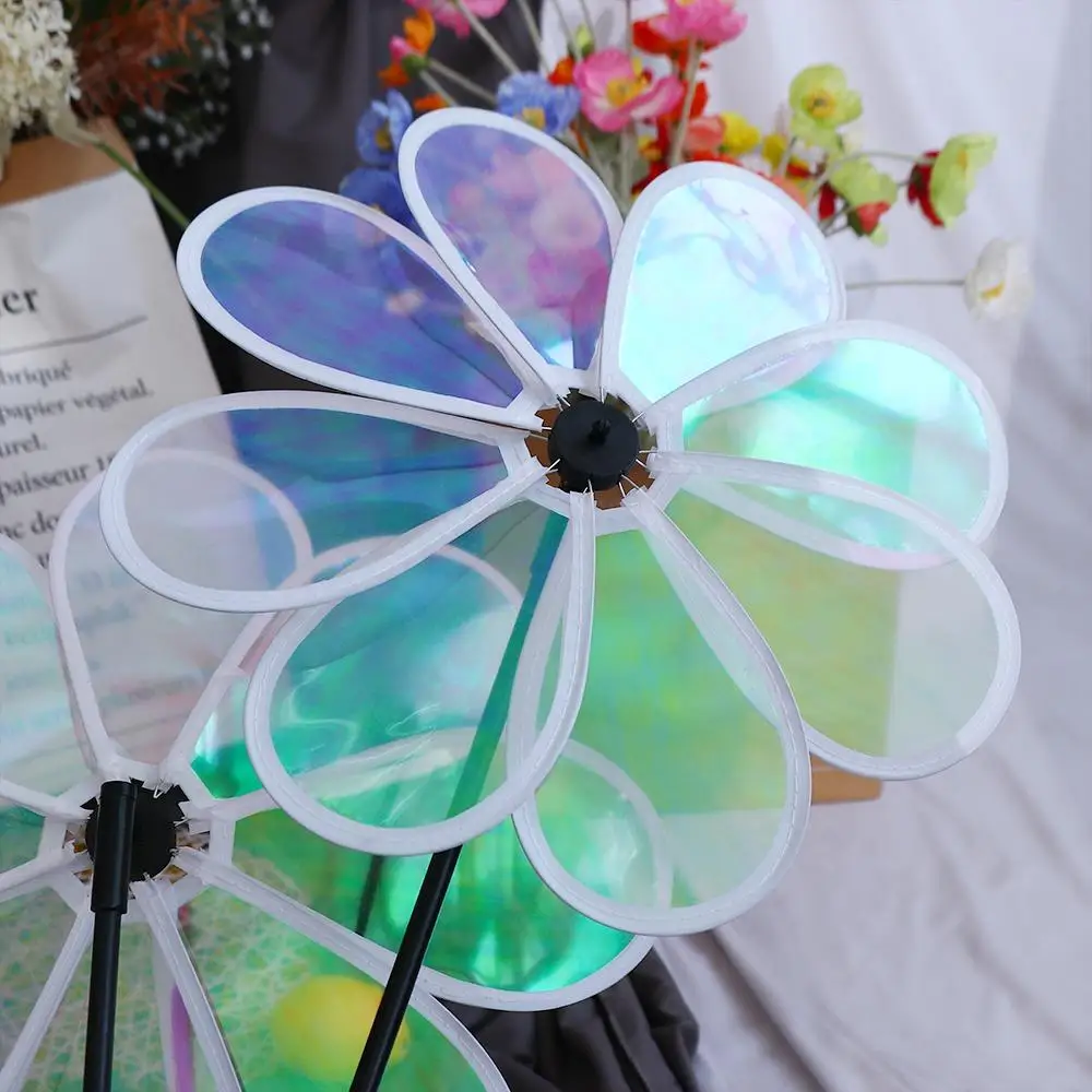 

Flower Eight Leaf Windmill Colorful Transparent Windmill Toys Grounding Reflective Color Changing Bird Repelling Windmill Party