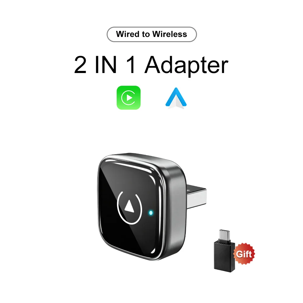2-in-1 draadloze CarPlay adapter, bedraad naar draadloos, dongle voor Apple & Android Auto, plug-and-play voor OEM bedrade smart car systemen