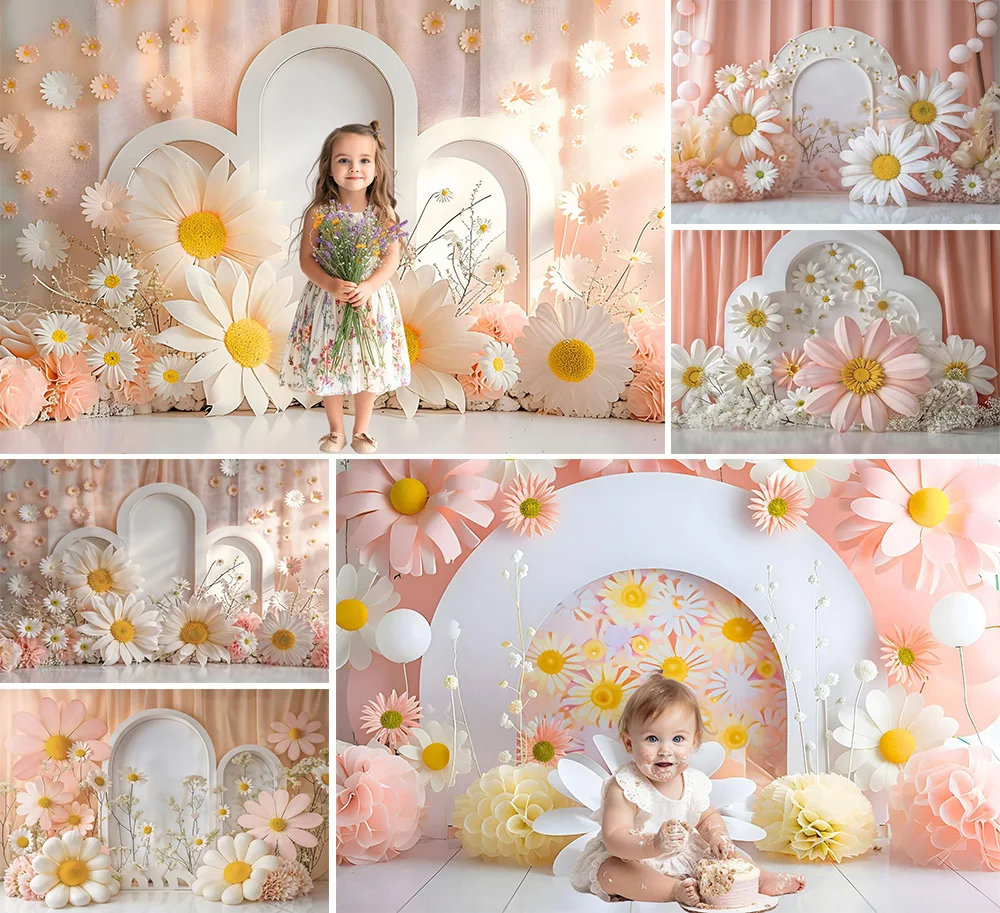 Mehofond Photography Background Boho White Daisy Flowers Arch Wall Girl Birthday Cake Smash Portrait Decor Backdrop Photo Studio