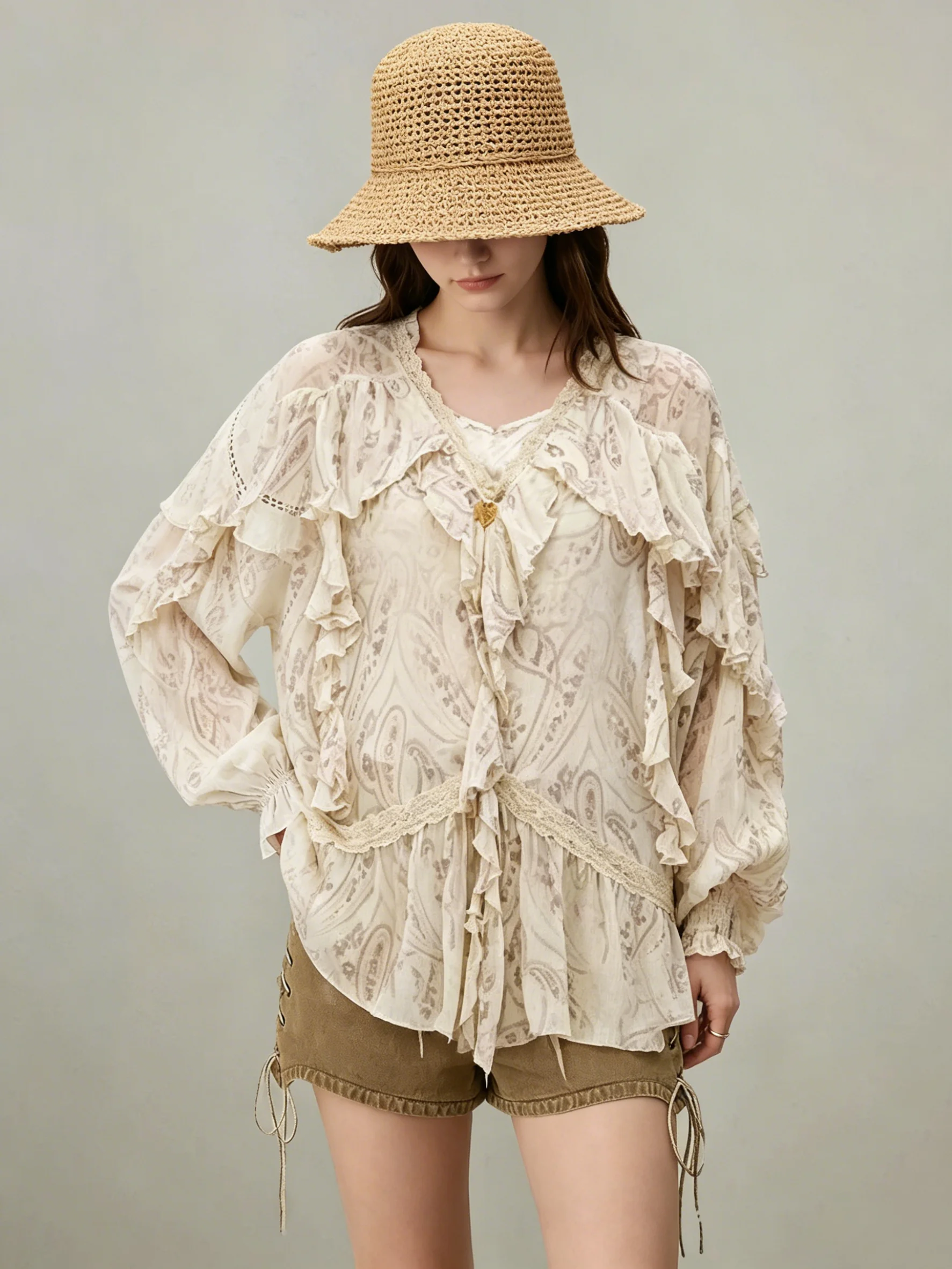 

Bohemian Style Floral Print Ruffle Hem V-Neck Women's Shirt Summer New Unique Beautiful Casual Loose Fit Long Sleeve Shirt