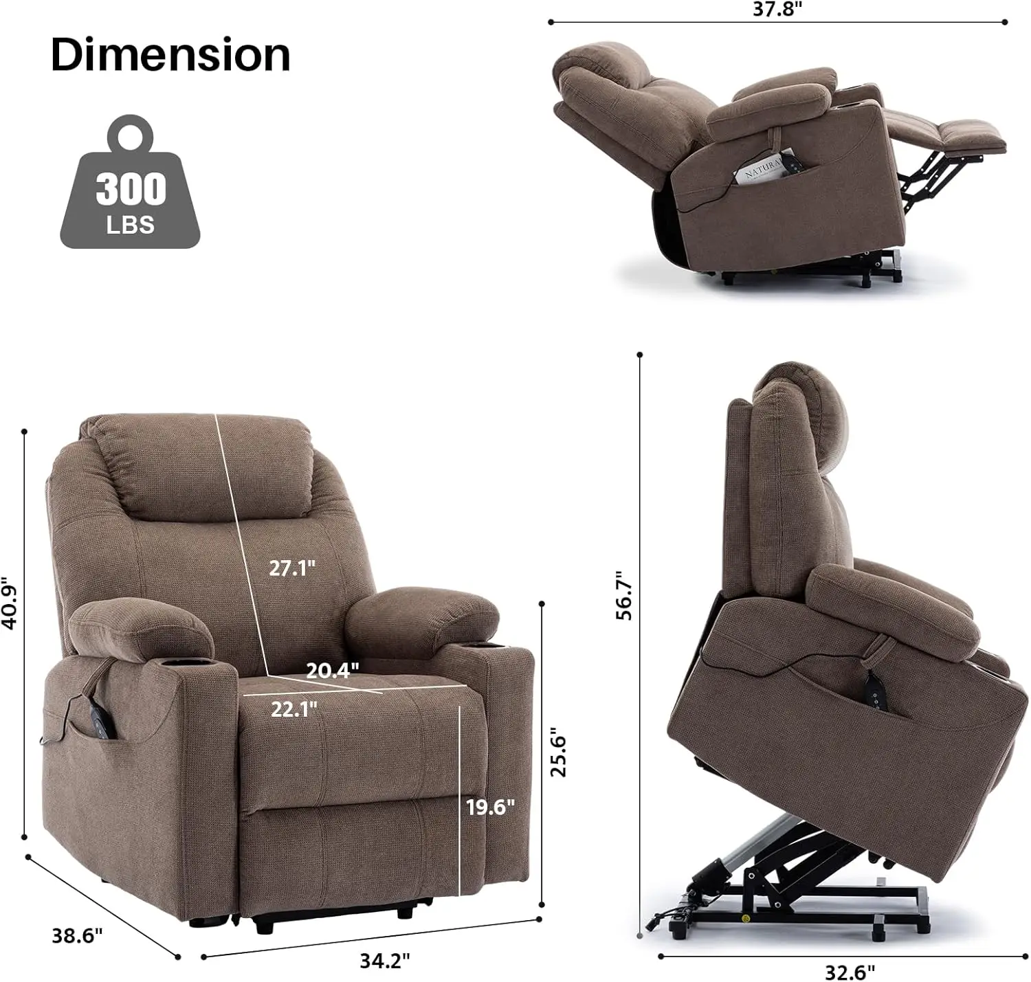 Power Lift Recliner Chair Massage Vibration Heat Single Sofa Standing Assistance For Elderly With Side Pockets 2 Cup