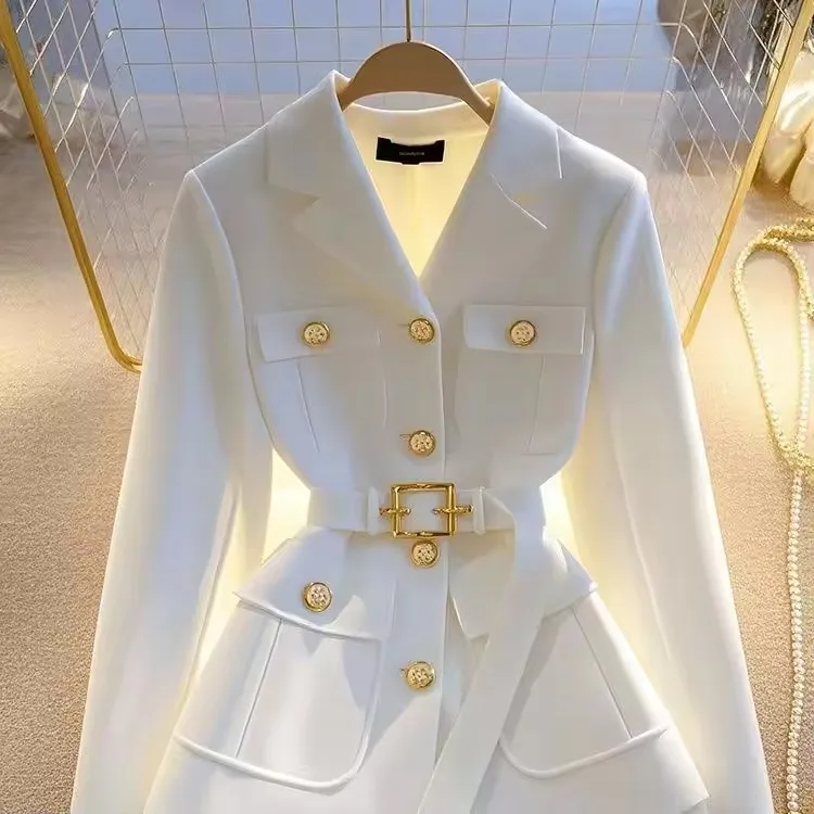 Mode Knoppen Revers Dames Jasje 2025, Lente Herfst Temperament Dames Blazer met Riem Koreaanse Veelzijdige Dame Bovenkleding
