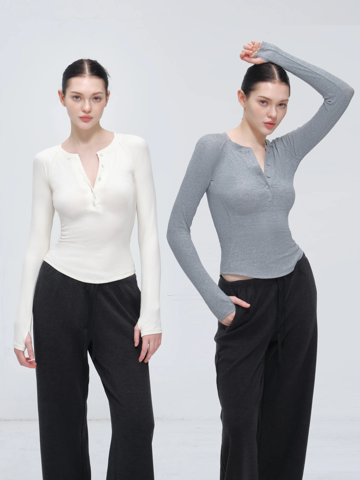 

Honey Honey Grey Henley Neck Long Sleeve Base Layer Shirt Ivory 3D Cut Waist Cinching Slimming Sporty Top