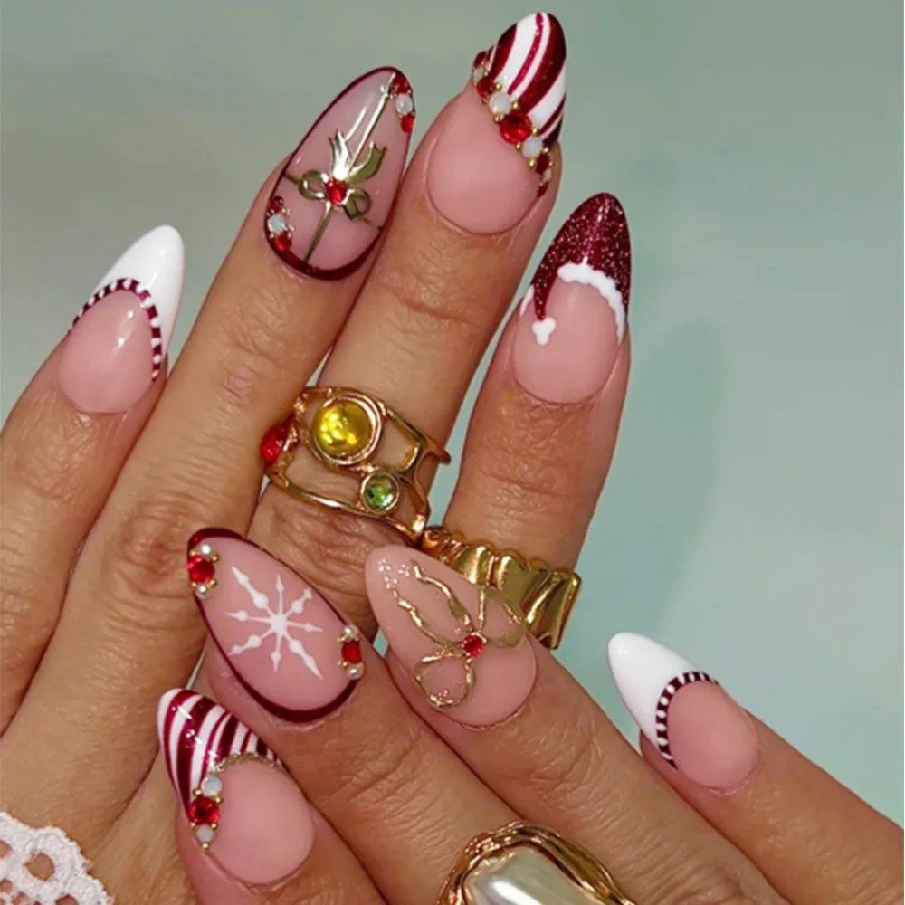 24Pcs Christmas Gilded Bow Snowflake Press on Nails Red White Stripe Hat French Finger Nail Diamond Almond Reusable False Nails