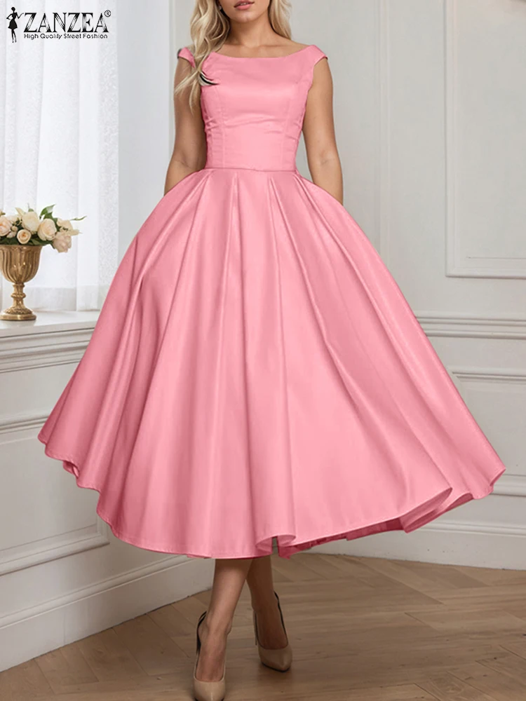 Zanzea elegante sem mangas cetim cocktail vestidos de festa invertido plissados mulher moda boatneck cintura cabida a linha robes femme