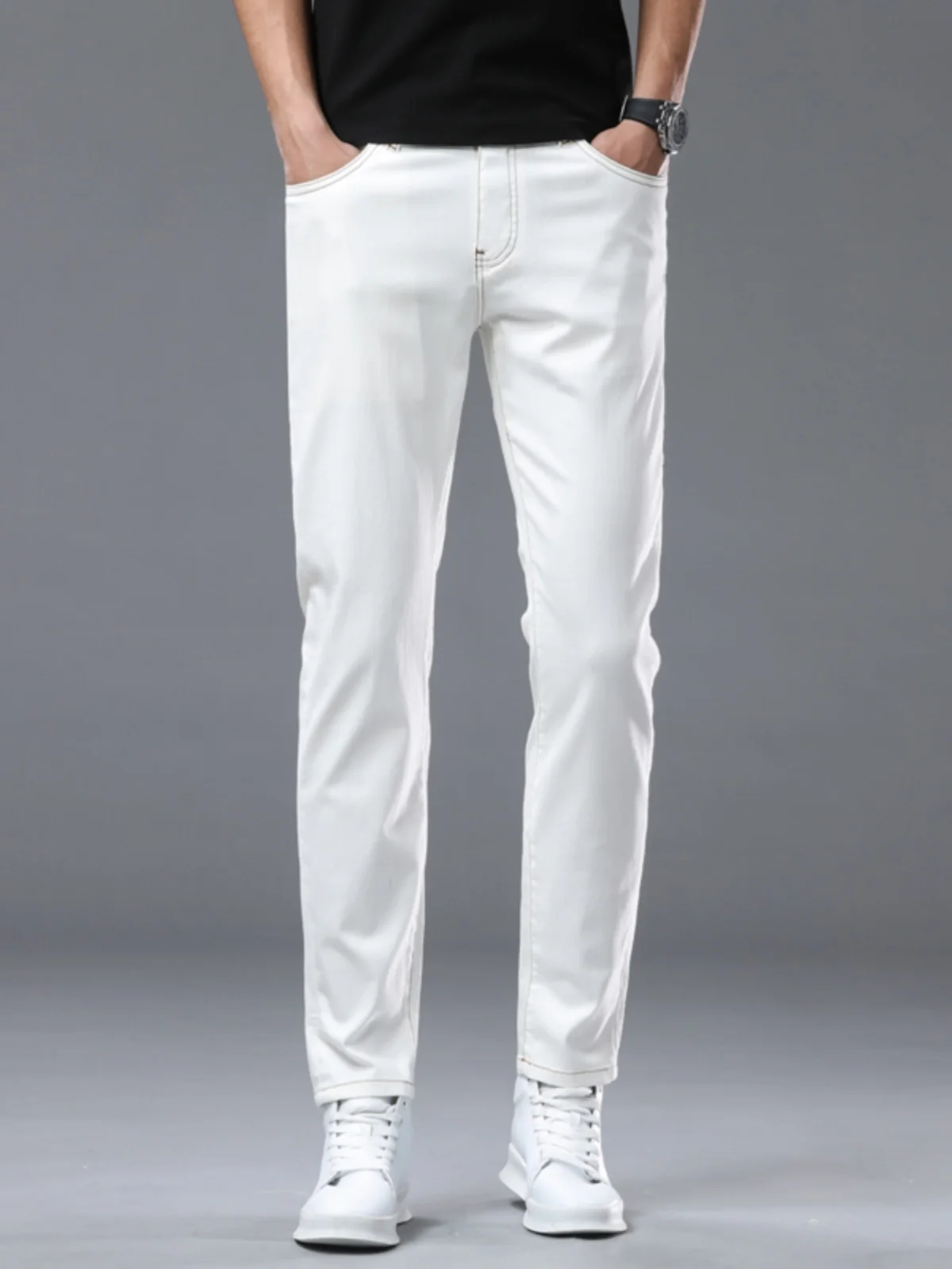 

Белые мужские джинсы Slim Fit из хлопка с эластаном, повседневные, со средней посадкой, на молнии, для весны и осени, износостойкие