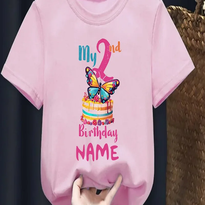 Boys Girls 6th Birthday Butterfly Cake Print T‑Shirt Short Sleeve O‑Neck Casual Loose Kids Custom Party Tees Tops