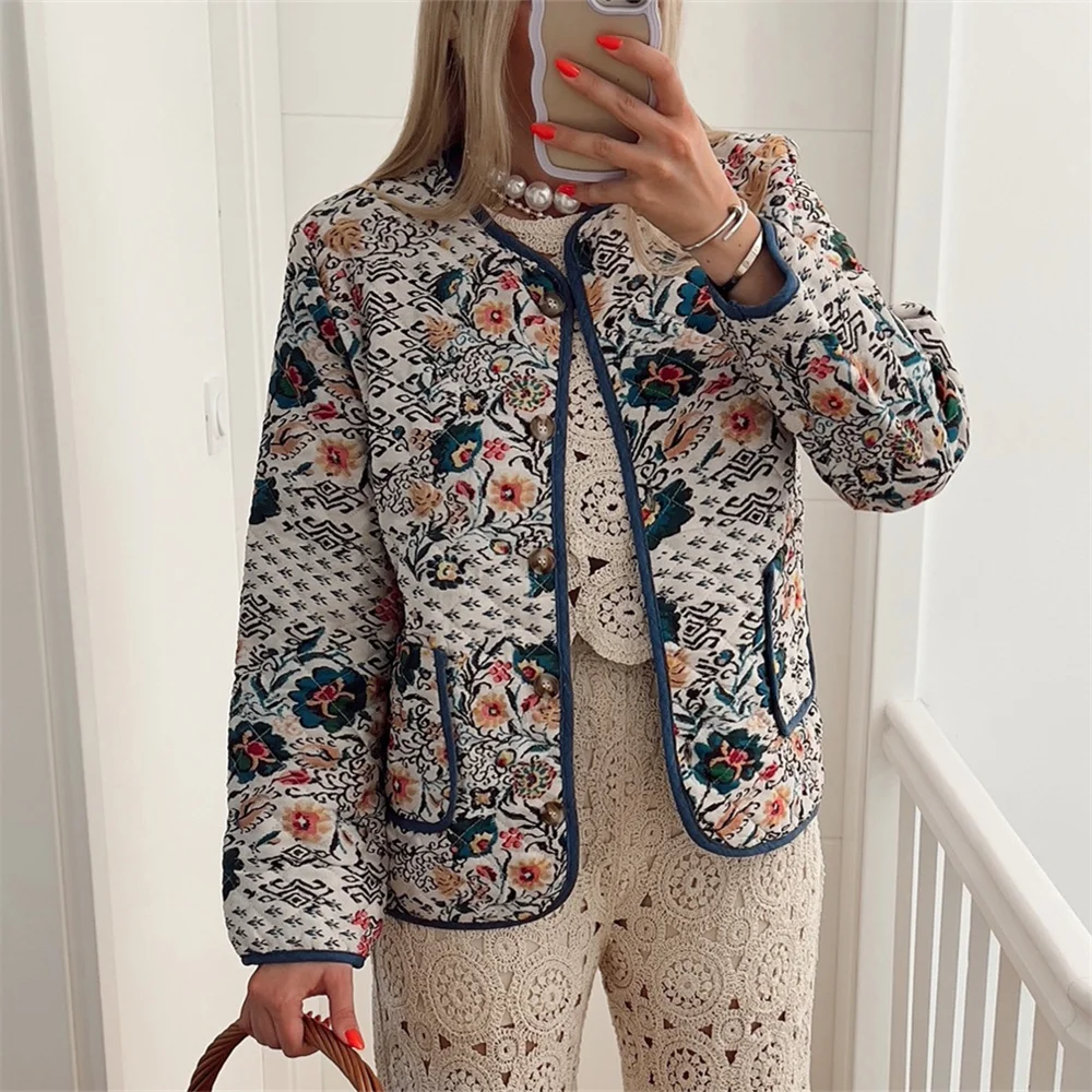 BMURHMZA 2024 Autumn New Product Women\'s Round Neck Loose Versatile Pocket Decoration Printed Cotton Jacket Long Sleeve Coat