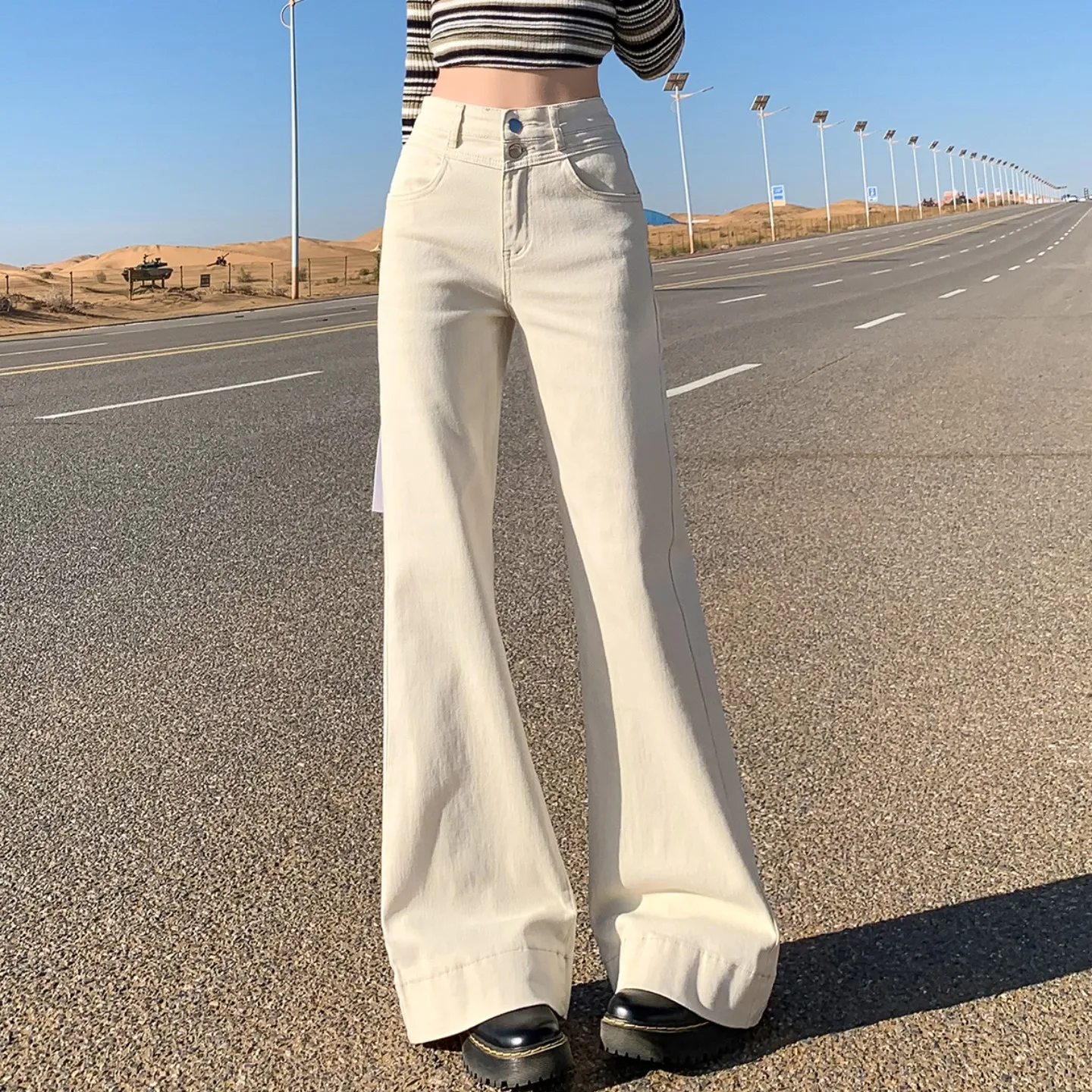 

Джинсовые джинсы-колокольчики с высокой талией в стиле ретро, женские осенние новые длинные повседневные брюки из смеси хлопка и полиэстера