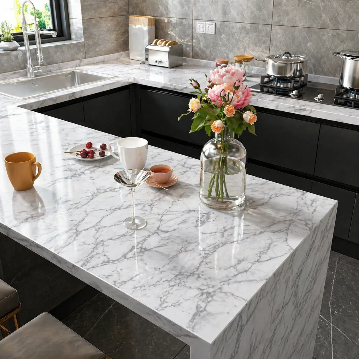 

Marble Design Waterproof Wall Sticker Self-Adhesive PET Film Heat & Oil Resistant Shiny Finish Kitchen Decor Easy to Modify