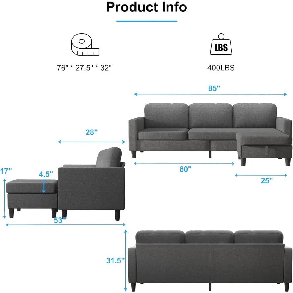 85 Inches Sectional Sofa, Linen Fabric L-Shaped Couch, 3-Seat Sofa with Reversible Storage Chaise for Living Room, Apartment and