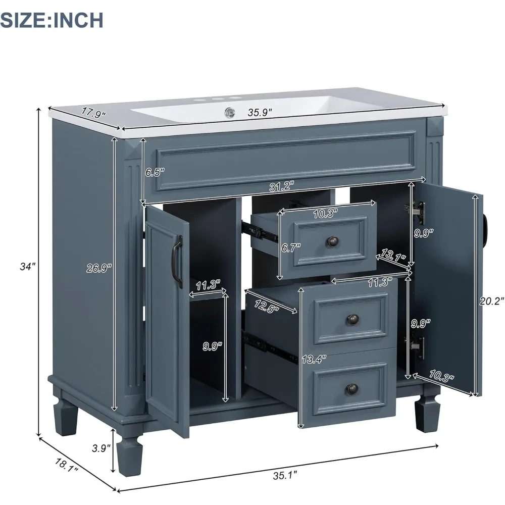 36” Bathroom Vanity, Freestanding Bathroom Sink Vanity Cabinet Set with 36” Countertop & Integrated Sink, 2 Doors & 2 Drawers