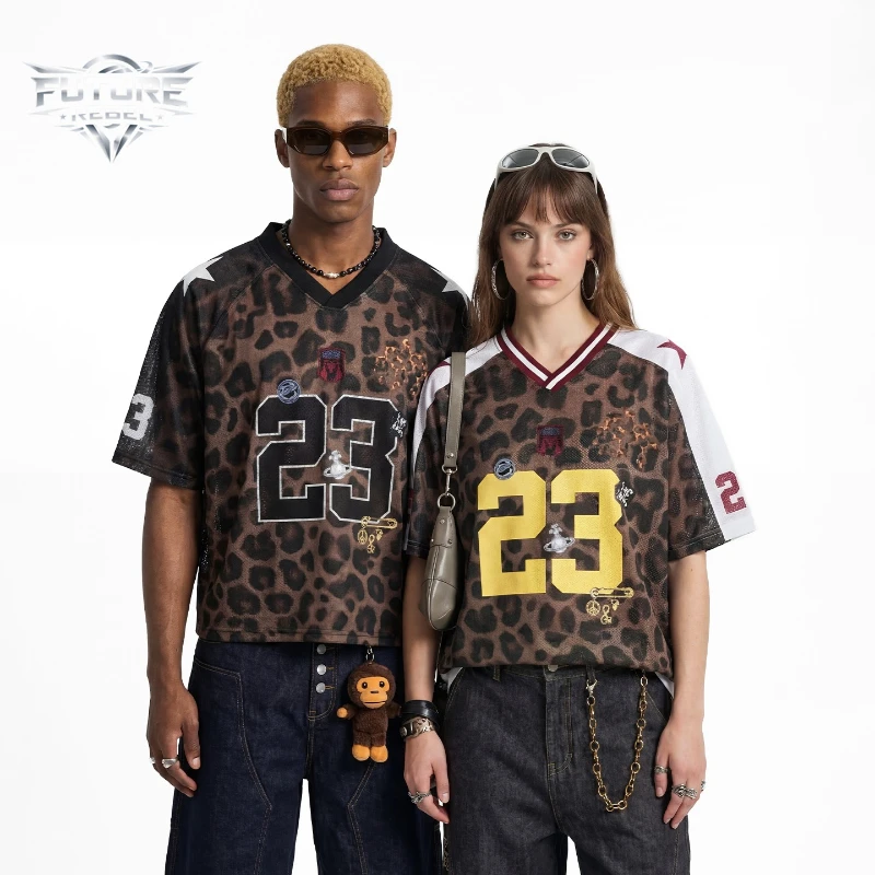 Mens T Shirt Harajuku American Streetwear Retro Leopard Print Mesh Jersey Tee Breathable Short Sleeve Summer Casual Unisex New