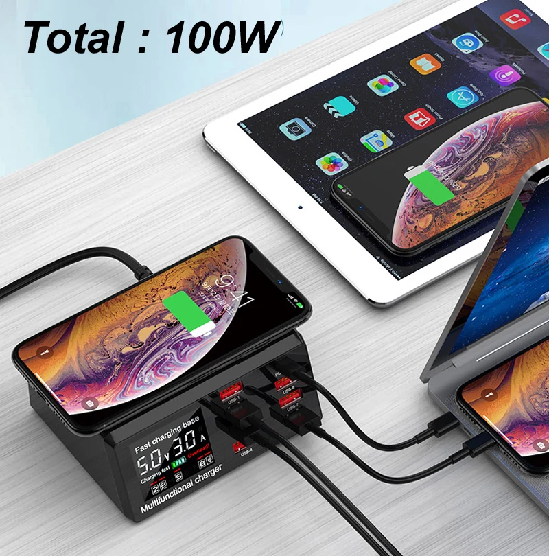 100W 8-Port 9CH Digital LCD 5V/9V/12V 2.4A USB Charger 10W Wireless Charger+20W TYPE-C PD Fast Charger QC3.0