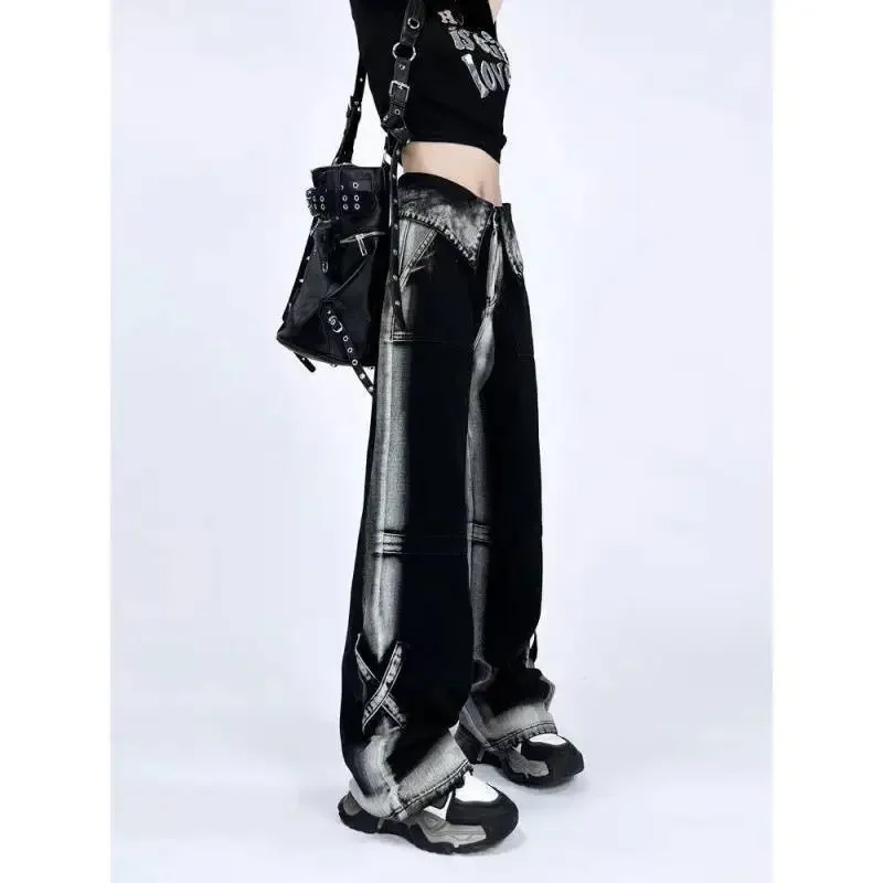 Korean Fashion Vintage Gothic Baggy Wide Leg Denim Pants Women's Harajuku High Waisted Jeans Pants for Women Y2k Streetwear