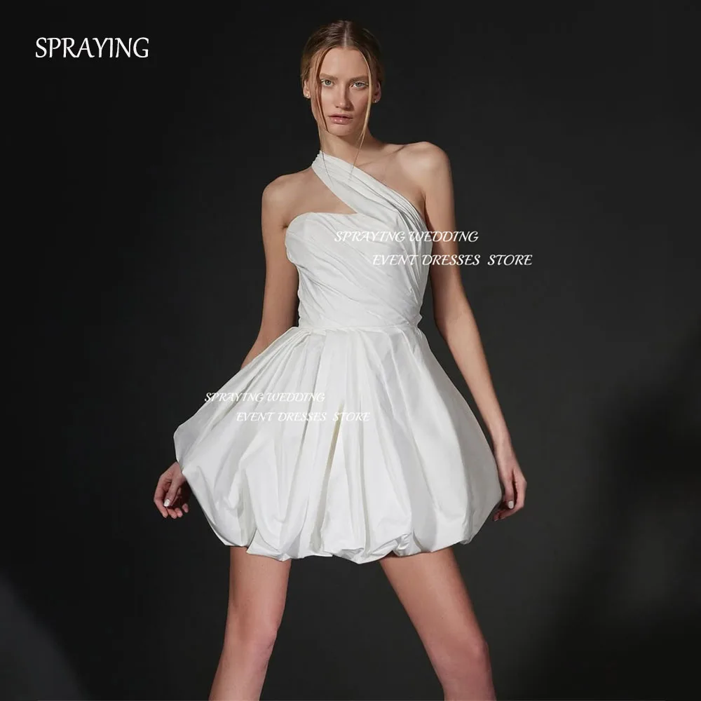 

SPRAYING Short Taffeta Wedding Gowns One Shoulder Pleat Bridal Gown Simple Mini A line Above Knee Sweep Train Customized