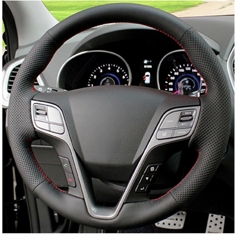 DIY Hand-stitched Black Artificial Leather Steering Wheel Cover for Hyundai Santa Fe 2013 Grand ix45 Accessories interior