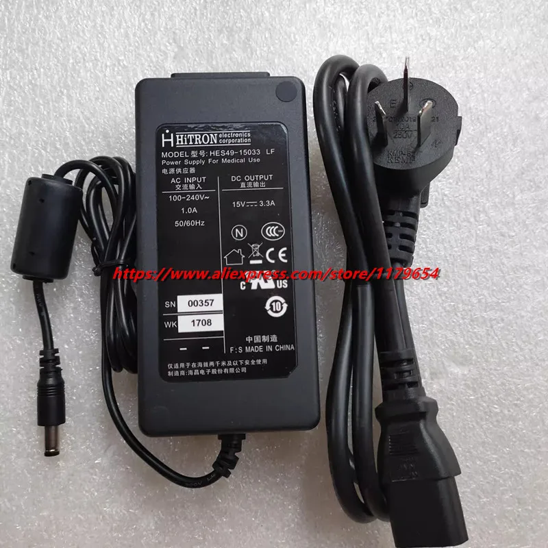 Catu Daya Hitron 15V 3,3A Asli untuk Penggunaan Medis HES49-15033 5.5*2.1Mm Pengisi Daya Adaptor AC Asli