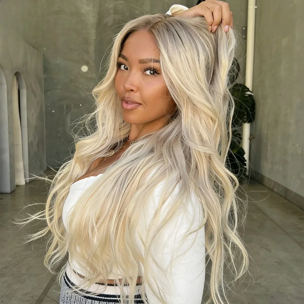 30 Inch Super Long Wave Wig Ombre Platinum Golden Blonde Highlights Synthetic Lace Front Wig Original Factory Cheap Wigs Party