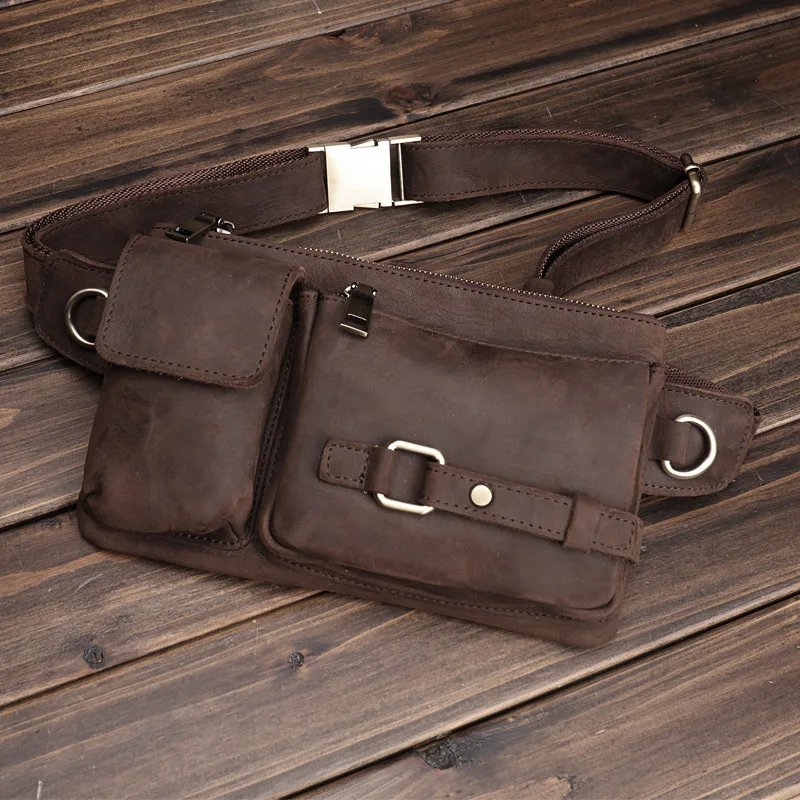 Men's Genuine Crazy Horse Leather Waist Bag Vintage Casual Crossbody Chest Pack, Multi-Functional Cowhide Phone Holder