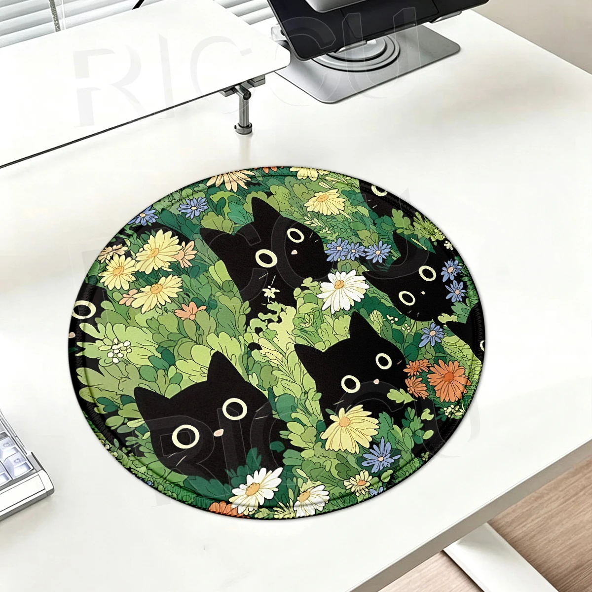 Ronde muismat Leuke zwarte kat bureaumat Groene plant rubberen muismat Esthetisch bureauaccessoire voor kantoorlaptop Computertafelmat