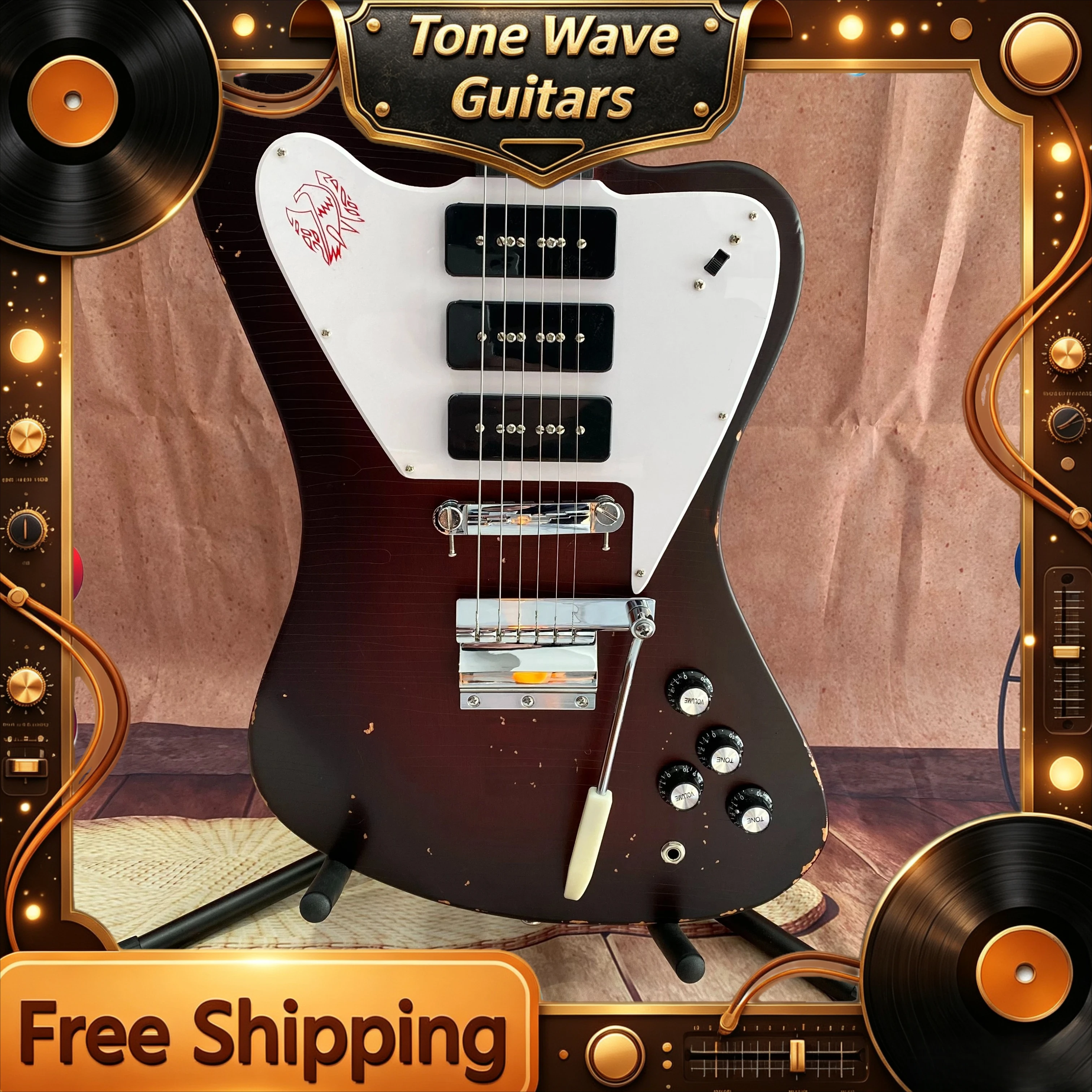 Factory Direct Vintage Wine Red Firebird Style Electric Guitar Triple P90 Pickups Mahogany Body Delivery Included Free Shipping