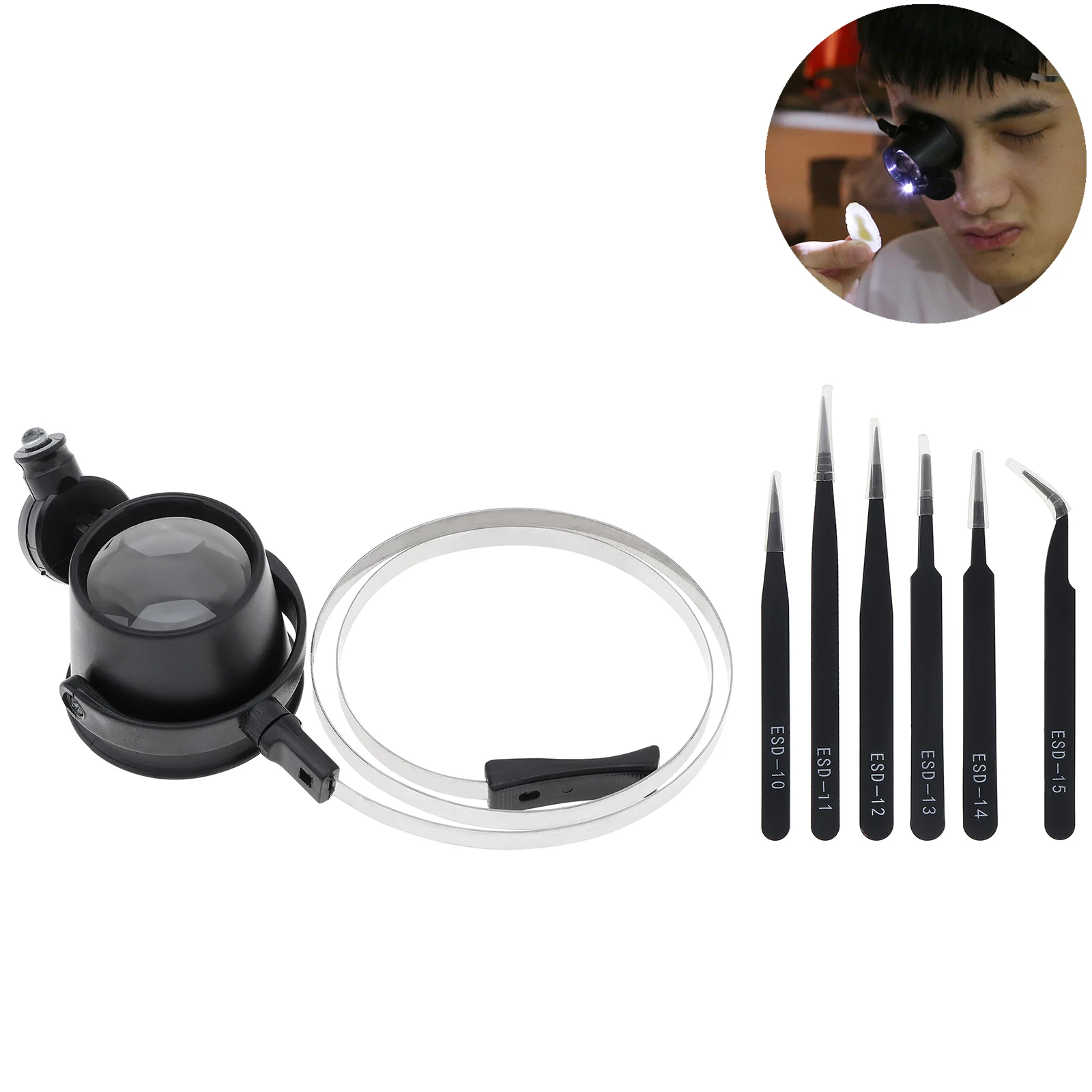 15X Wearable Magnifier Eye Loupe for Jewelry Watch Repair Monocular Magnifying Glass Kit LED Light with 7pcs Curved Tweezers