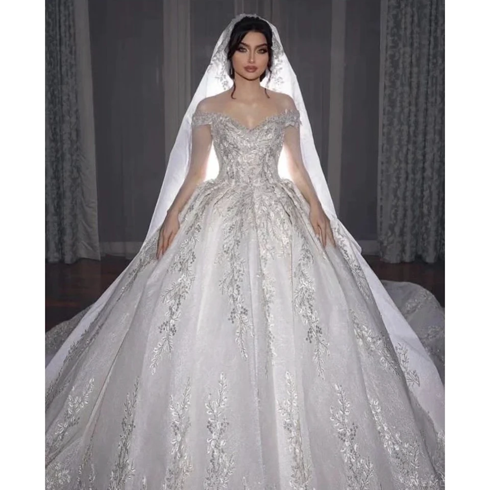 Vestido de novia blanco de lujo con escote corazón, con hombros descubiertos traje de novia, largo hasta el suelo, tren de barrido, hecho a medida, 2023