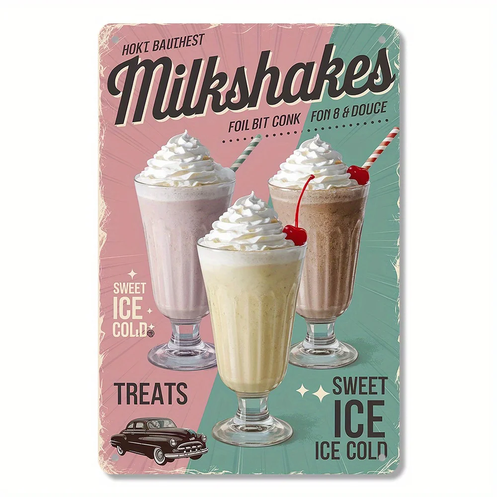 2D Flat, 1pc Retro Milkshake Metal Sign - Vintage Milkshake Art with Whipped & Cherry Toppings, Rustic Wall Decor for Home, C