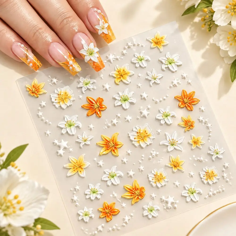 1Pc Professional Nail Salon 5D Floral Lily Decals Embossed Flower Self Adhesive Stickers Sliders Acrylic UV Gel Nails Manicure