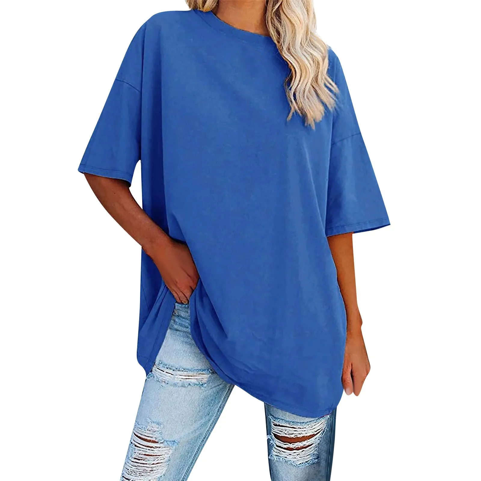 2024 New Women\'s Plus Size T Shirts Oversized Solid Color Tees Summer Short Sleeve Loose Tunic Tops