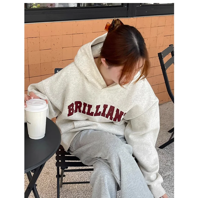 2024 White Gray Women Clothing Vintage Street Sweatshirt Hooded Y2K Letter Pullover Long Sleeves Warm Oversize Baggy Ladies Tops