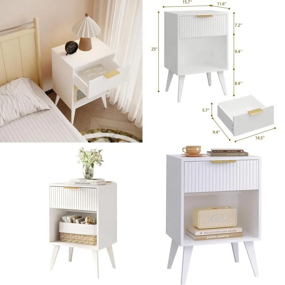 

Mid Century White Nightstand with Drawer and Solid Wood Legs for Bedroom and Living Room