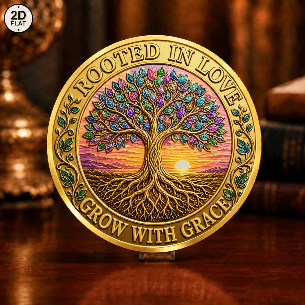 1pc Tree of Life Embrace Growth Challenge Coin Butterfly Sunflower Rooted in Love 2D Print Commemorative Medal Gift for Friends